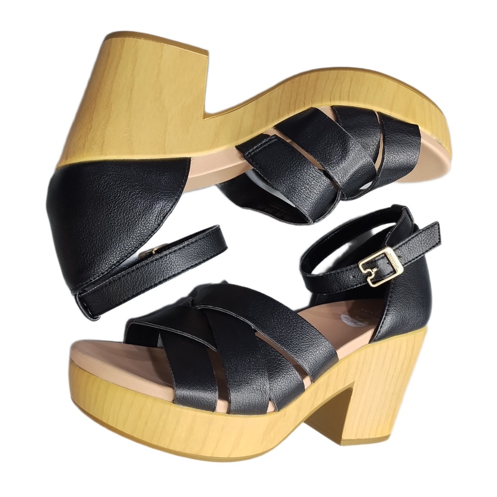 Dr. Scholl's Blissful Heeled Sandals Womens Size 7.5M Black Buckle Strap EUC